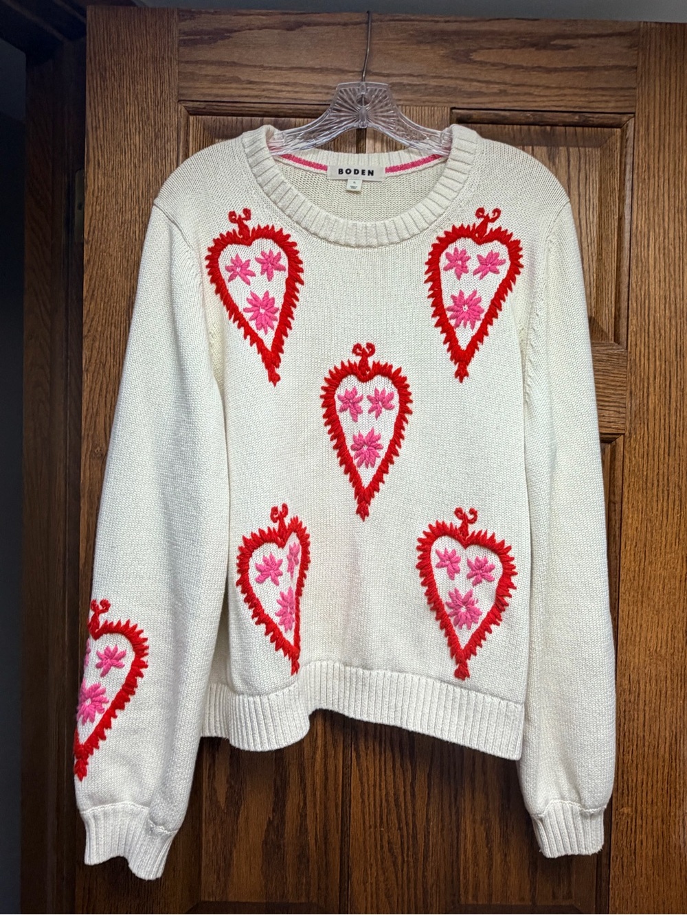 Boden Cream Sweater with Red & Pink Heart Motifs